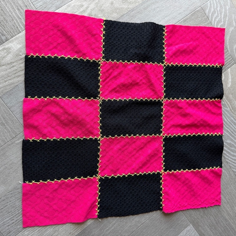 Handmade Patchwork Fabric Panel Hot Pink Black Checkered Yellow Cross Stitch